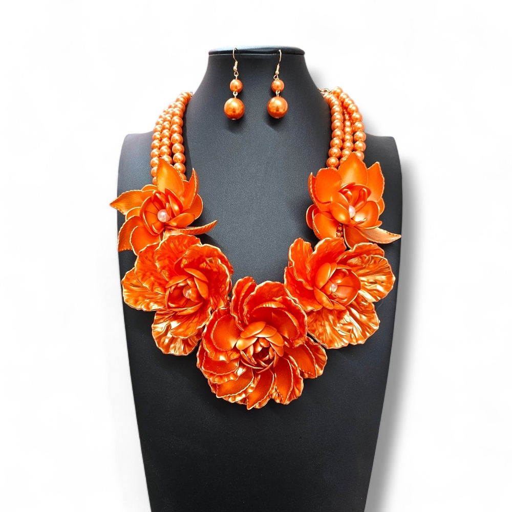 Encore Jeans Orange Floral Necklace and Earring Set